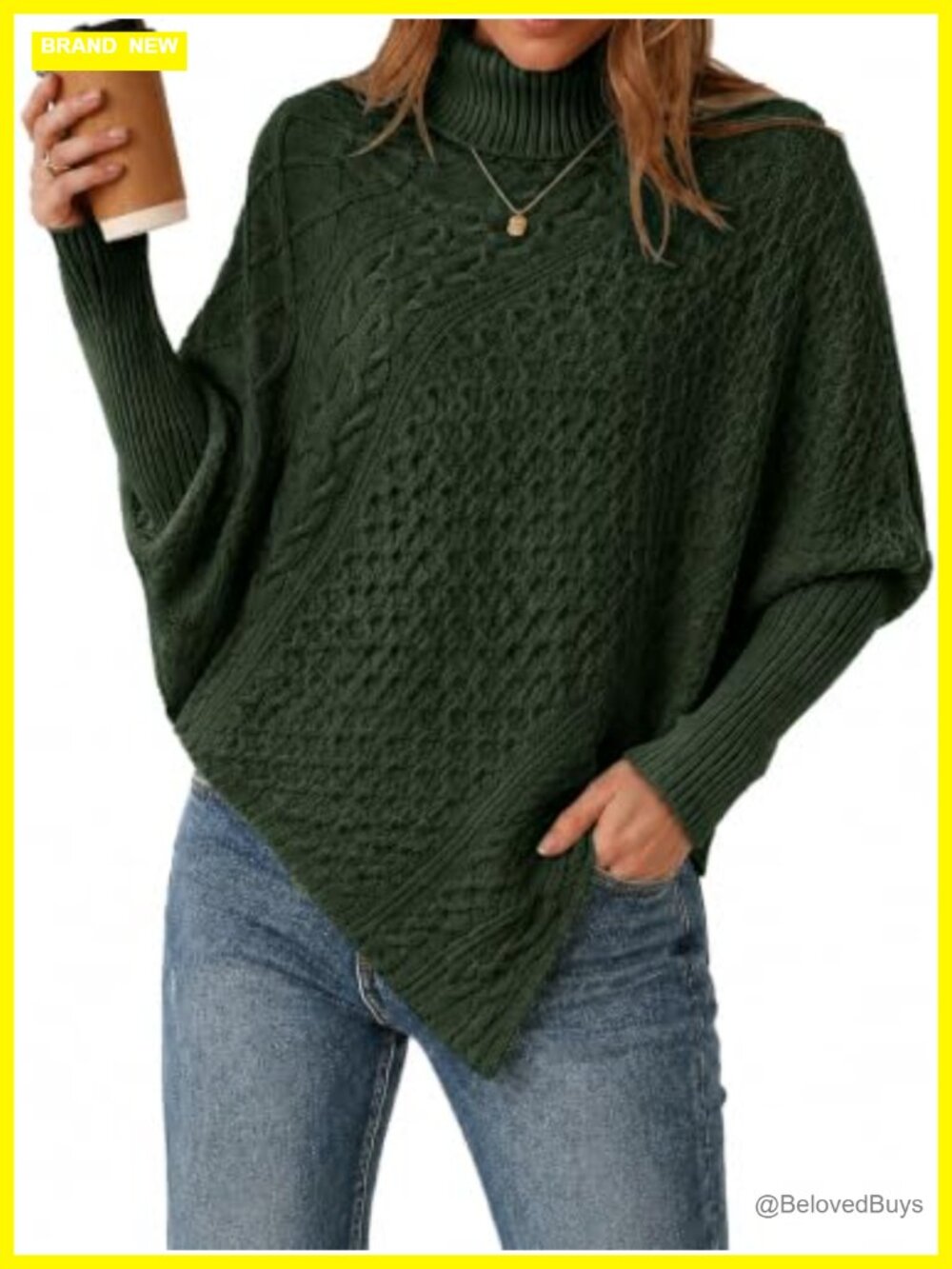 Womens Turtleneck Poncho Sweater Cable Knit Pullover Cape Wrap Tunic Top